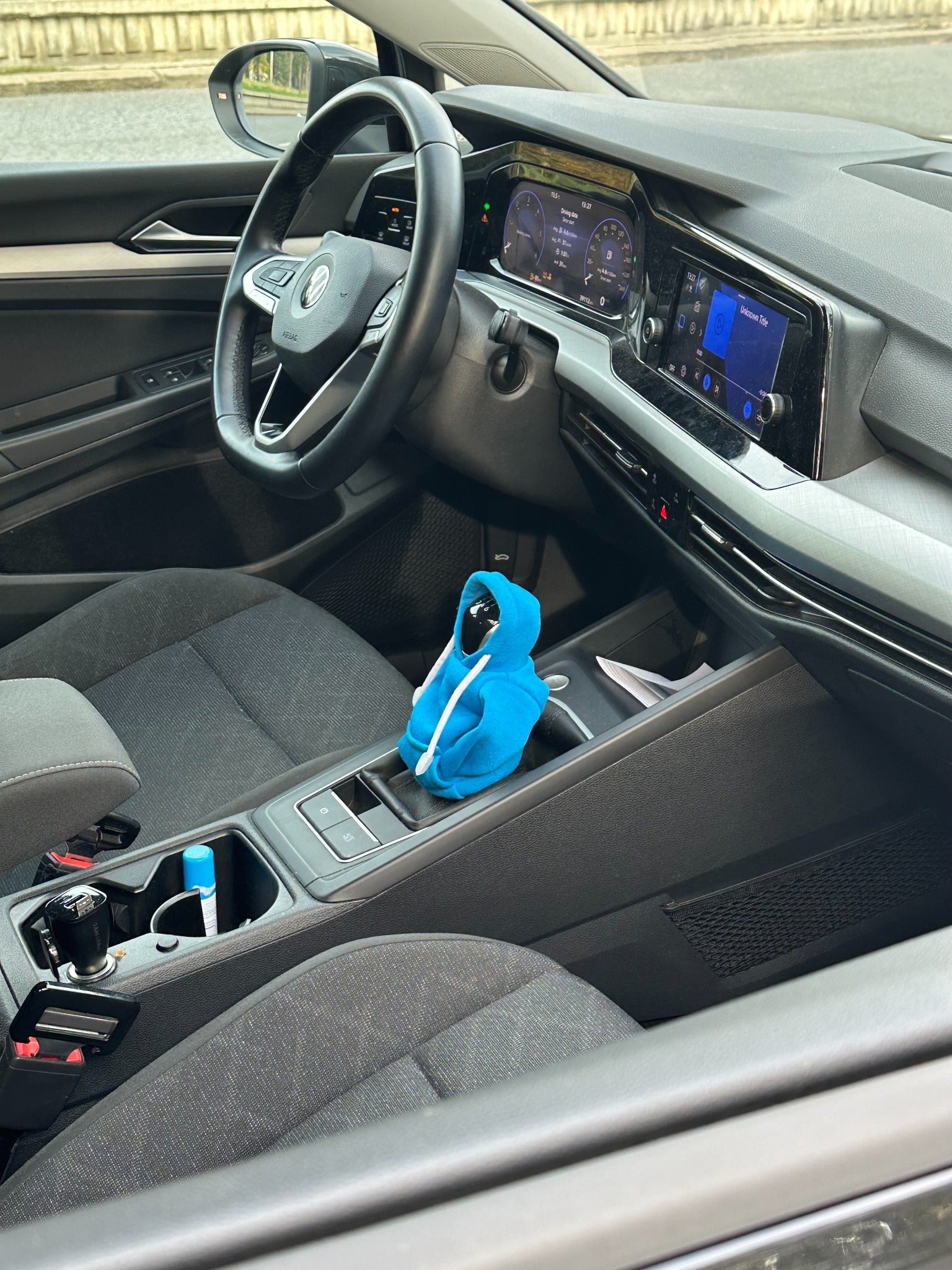 Blue mini hoodie gear shift cover in car interior